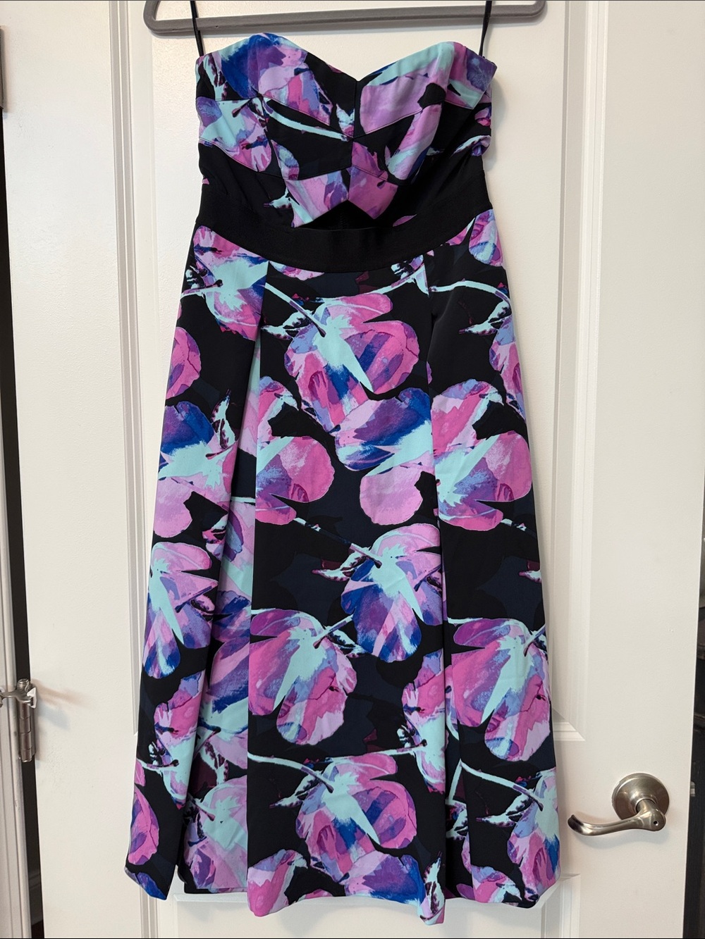 RACHEL Rachel Roy Strapless Floral Fit & Flare Dress in Black, Purple & Aqua